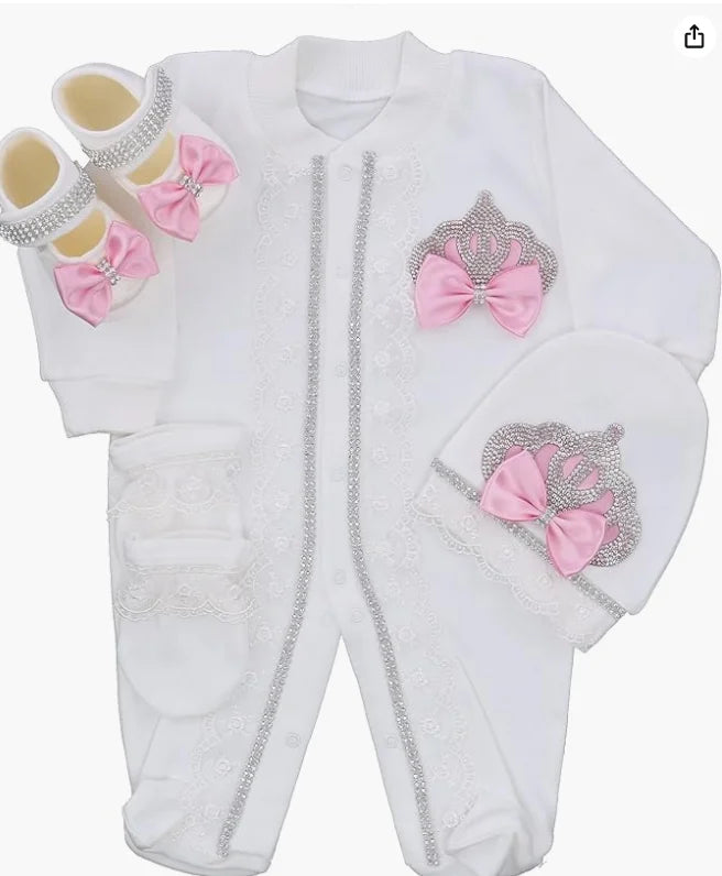 Royal Bling 4pcs Baby Layette Set – Crown Romper, Mittens, Bonnet & Pajamas