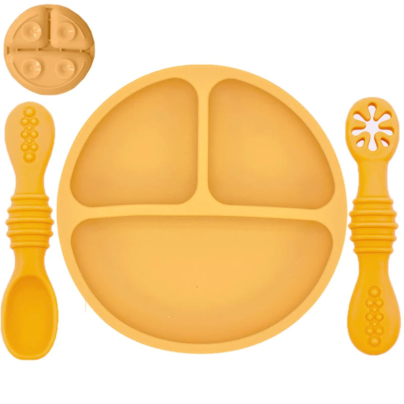 Silicone Baby Dining Set – Non-Slip Plate & Spoon with Cute Cartoon Smile Face for Toddlers