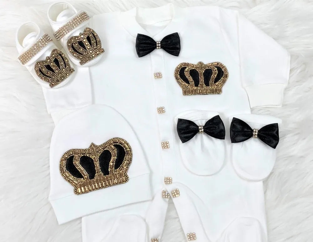 Royal Bling 4pcs Baby Layette Set – Crown Romper, Mittens, Bonnet & Pajamas