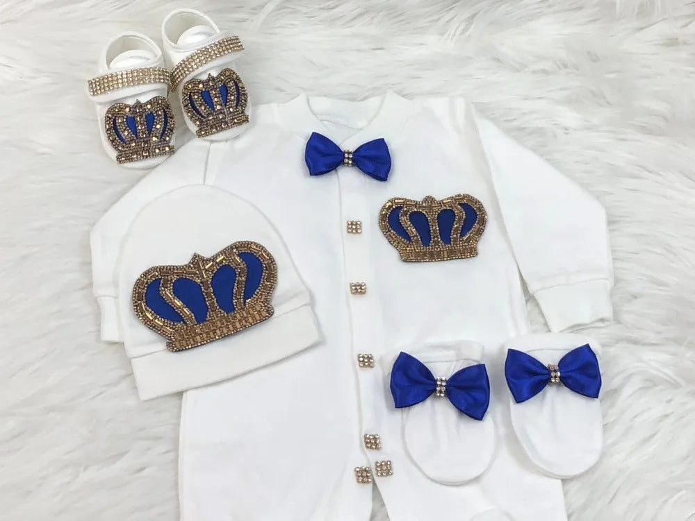 Royal Bling 4pcs Baby Layette Set – Crown Romper, Mittens, Bonnet & Pajamas