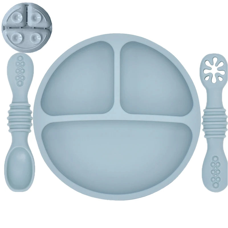 Silicone Baby Dining Set – Non-Slip Plate & Spoon with Cute Cartoon Smile Face for Toddlers