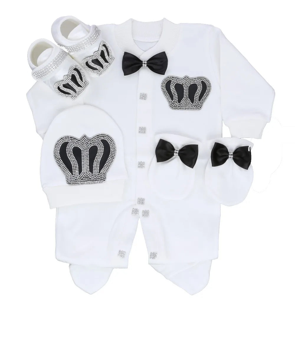 Royal Bling 4pcs Baby Layette Set – Crown Romper, Mittens, Bonnet & Pajamas