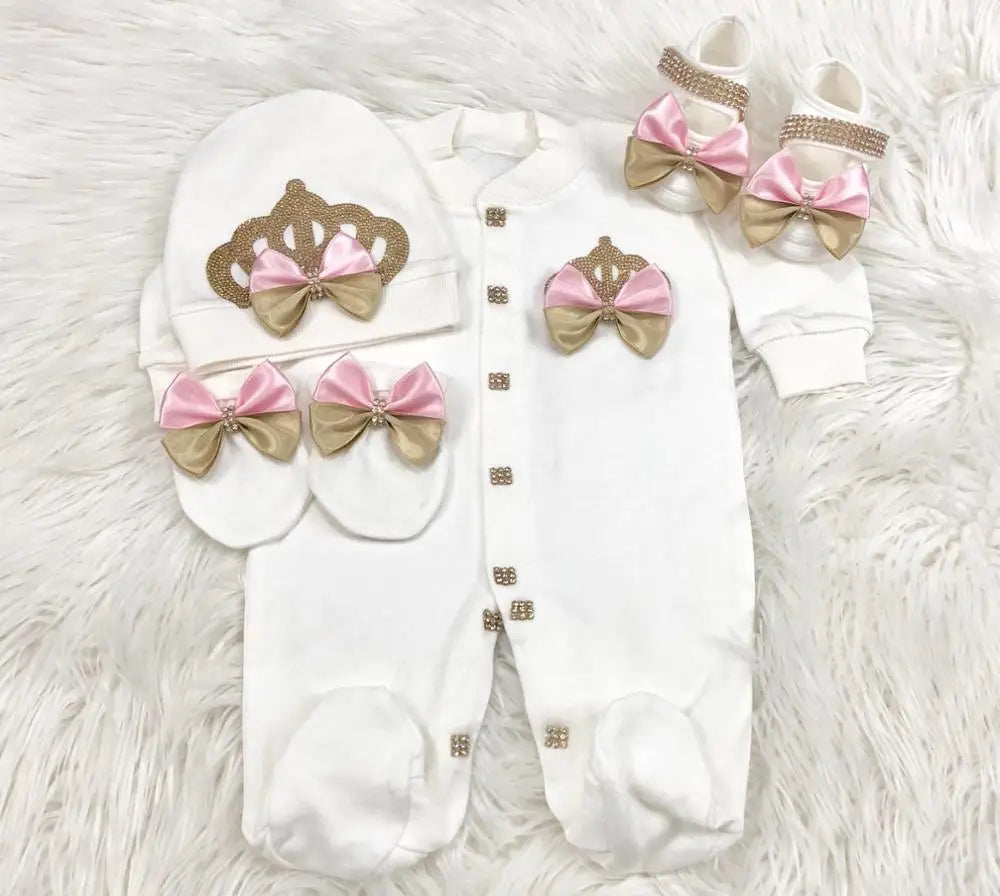 Royal Bling 4pcs Baby Layette Set – Crown Romper, Mittens, Bonnet & Pajamas