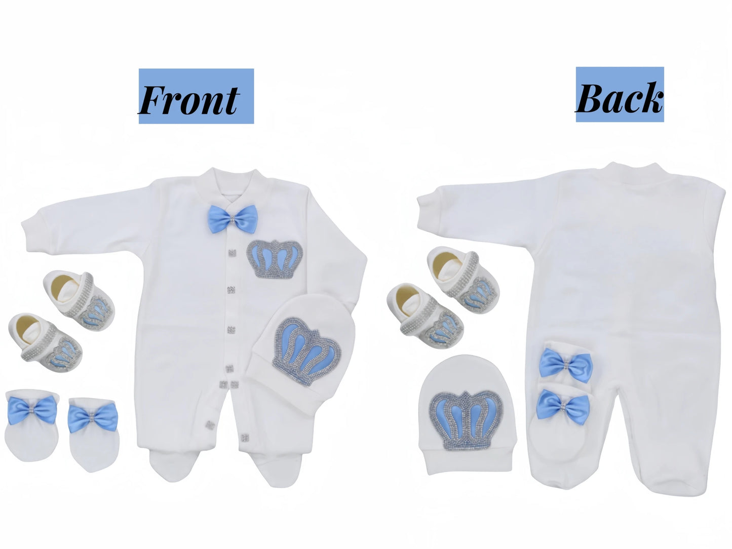 Royal Bling 4pcs Baby Layette Set – Crown Romper, Mittens, Bonnet & Pajamas