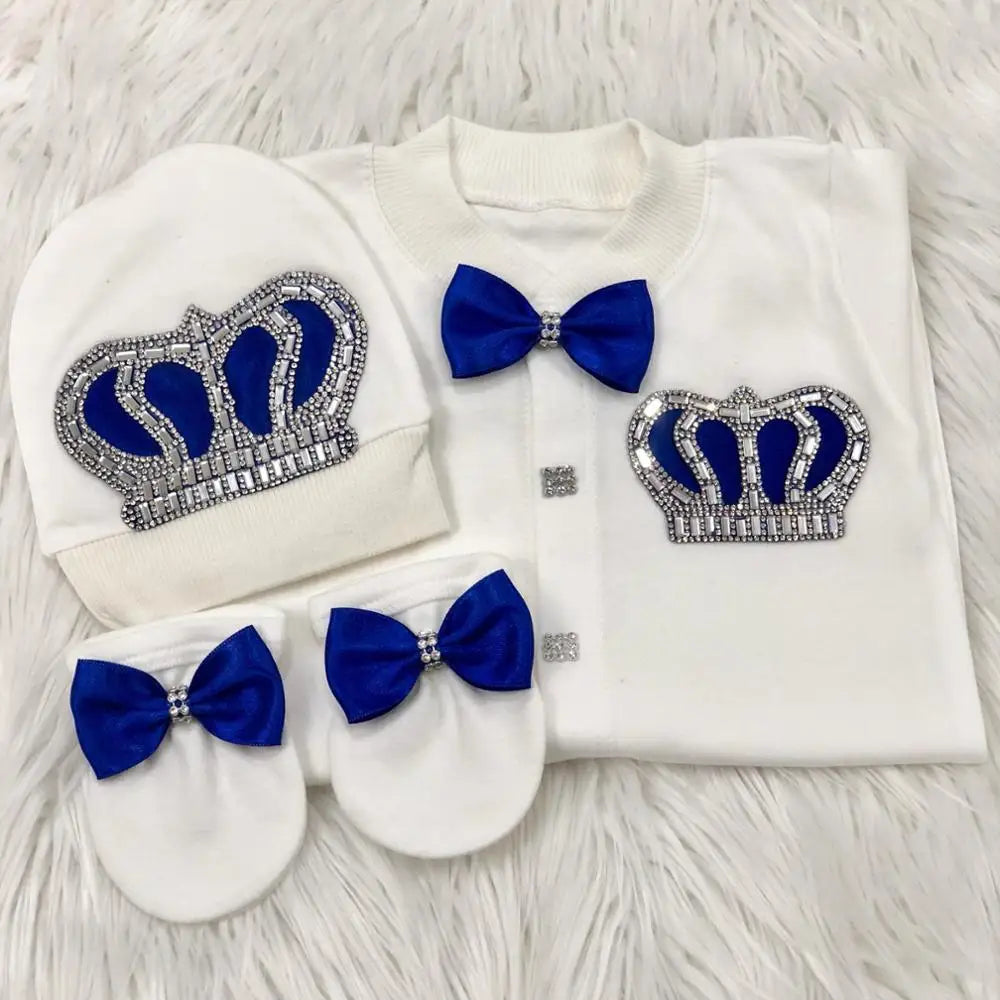 Royal Bling 4pcs Baby Layette Set – Crown Romper, Mittens, Bonnet & Pajamas