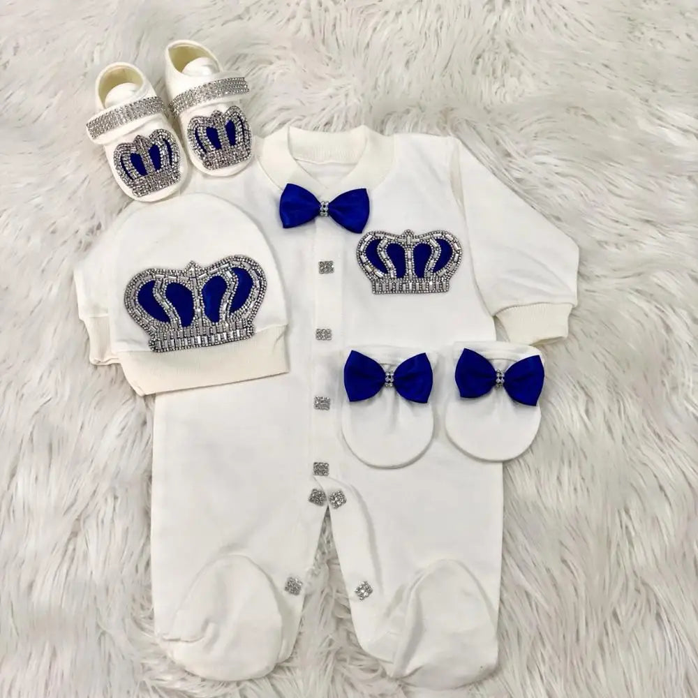 Royal Bling 4pcs Baby Layette Set – Crown Romper, Mittens, Bonnet & Pajamas