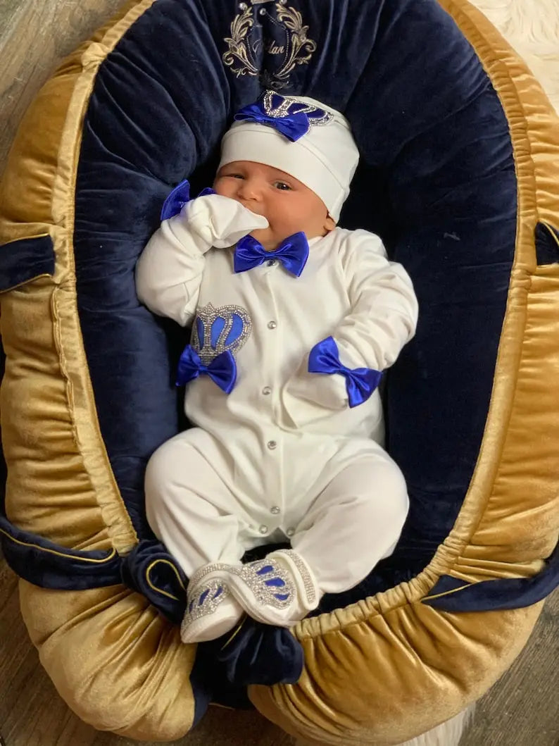 Royal Bling 4pcs Baby Layette Set – Crown Romper, Mittens, Bonnet & Pajamas