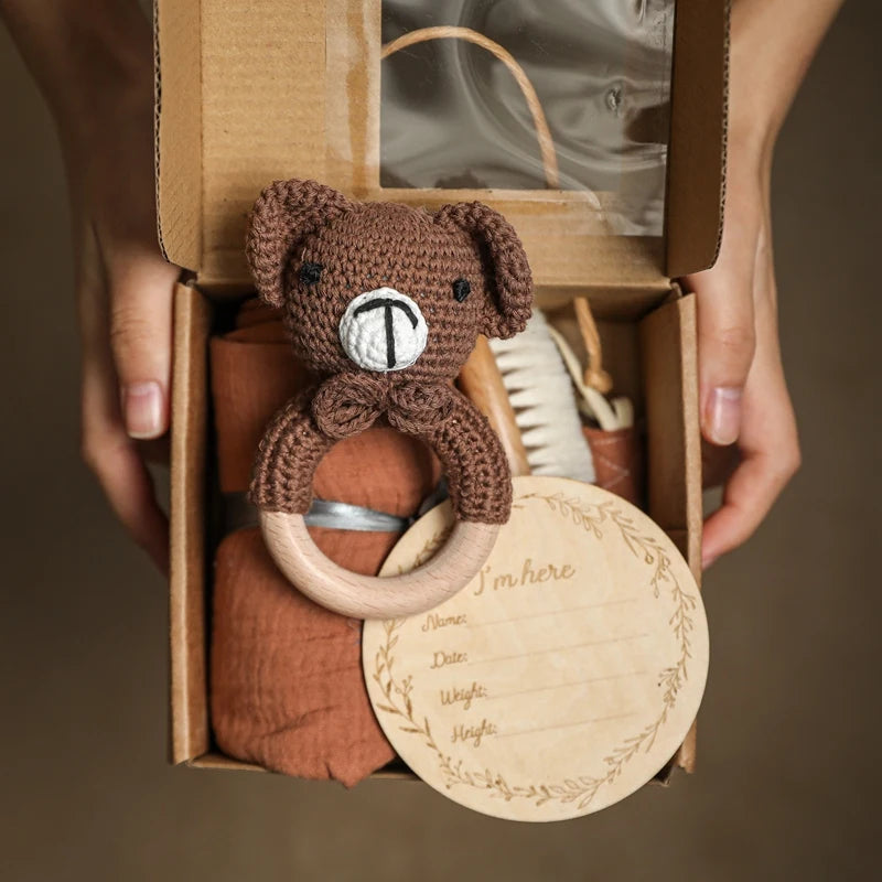 Newborn Gift Box – Cotton Towel, Blanket, Milestone Cards & Wooden Baby Essentials for a Perfect Birth Present