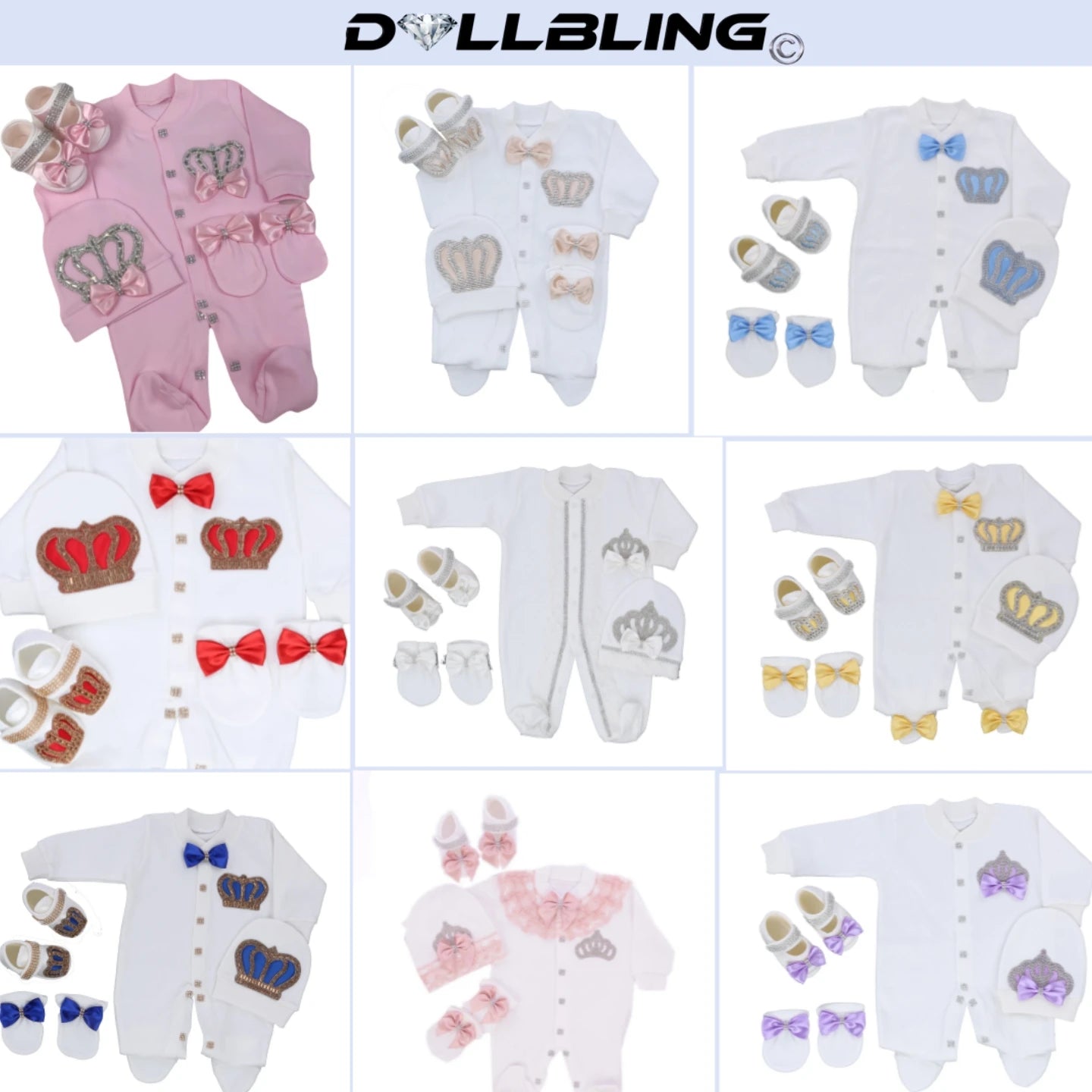 Royal Bling 4pcs Baby Layette Set – Crown Romper, Mittens, Bonnet & Pajamas