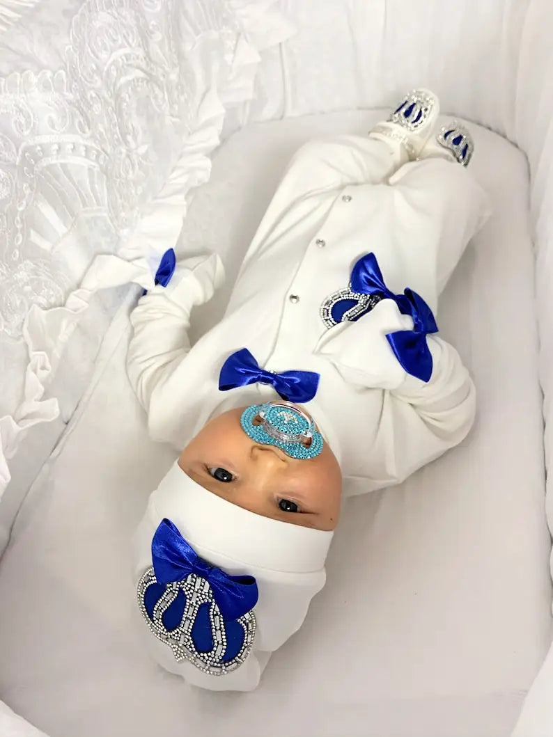 Royal Bling 4pcs Baby Layette Set – Crown Romper, Mittens, Bonnet & Pajamas