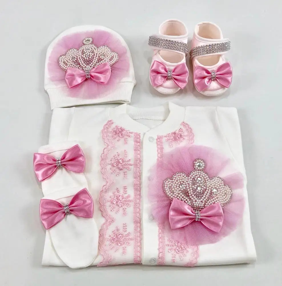 Royal Bling 4pcs Baby Layette Set – Crown Romper, Mittens, Bonnet & Pajamas