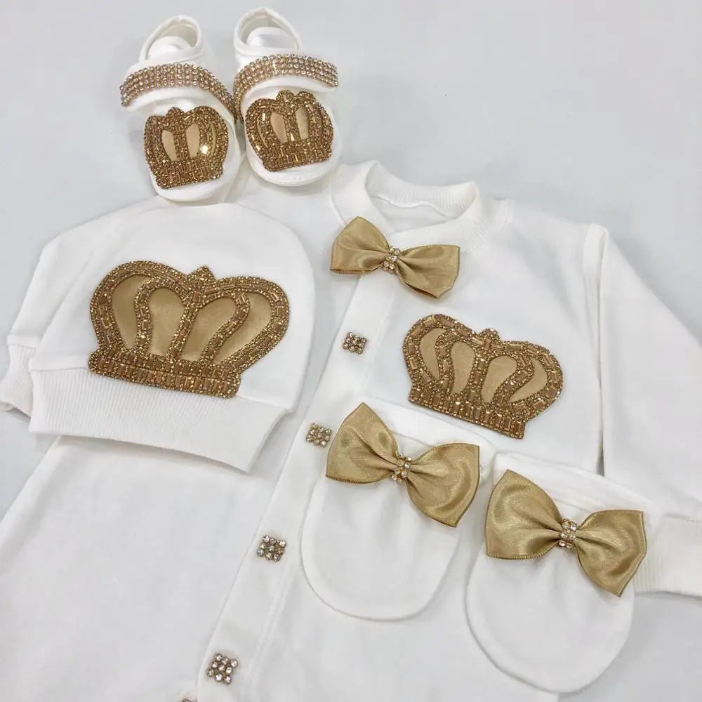 Royal Bling 4pcs Baby Layette Set – Crown Romper, Mittens, Bonnet & Pajamas