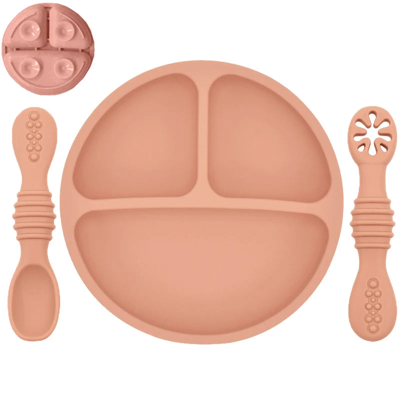 Silicone Baby Dining Set – Non-Slip Plate & Spoon with Cute Cartoon Smile Face for Toddlers