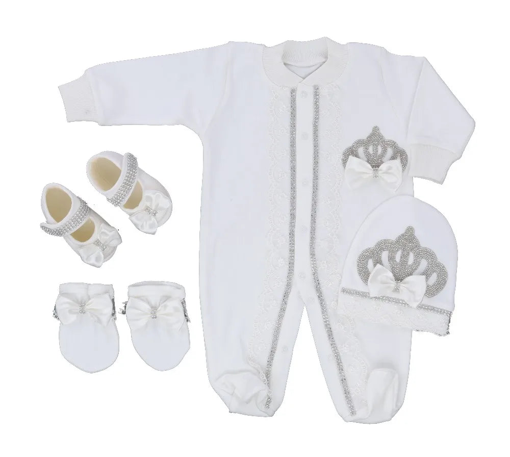 Royal Bling 4pcs Baby Layette Set – Crown Romper, Mittens, Bonnet & Pajamas