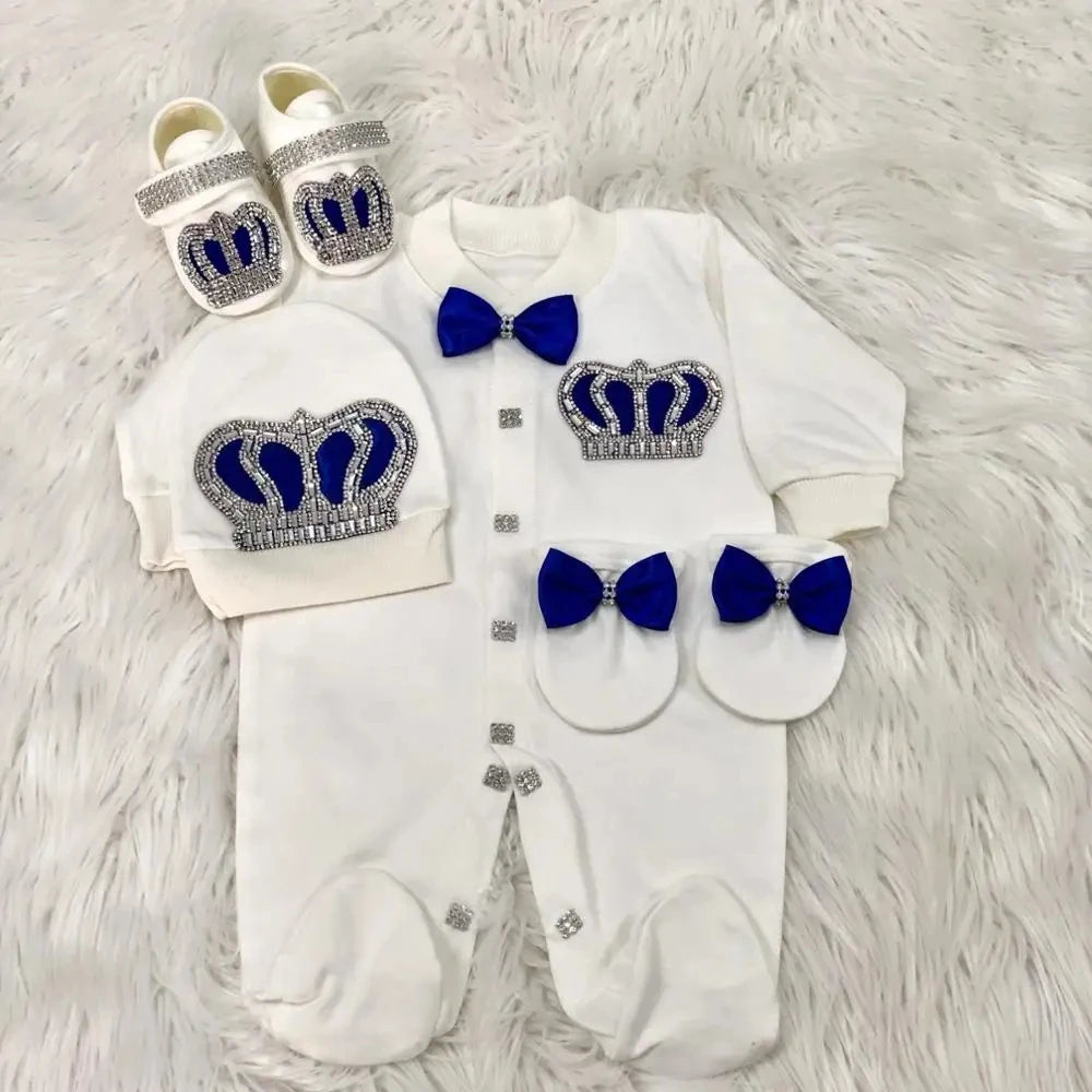 Royal Bling 4pcs Baby Layette Set – Crown Romper, Mittens, Bonnet & Pajamas