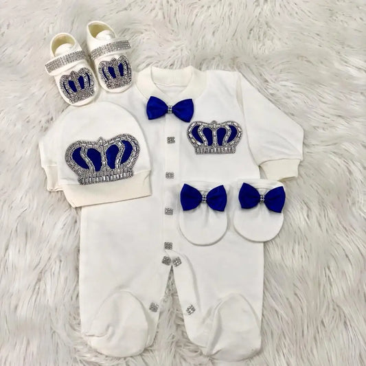 Royal Bling 4pcs Baby Layette Set – Crown Romper, Mittens, Bonnet & Pajamas