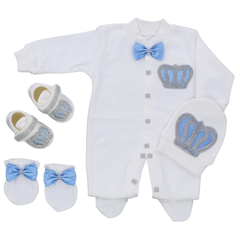 Royal Bling 4pcs Baby Layette Set – Crown Romper, Mittens, Bonnet & Pajamas