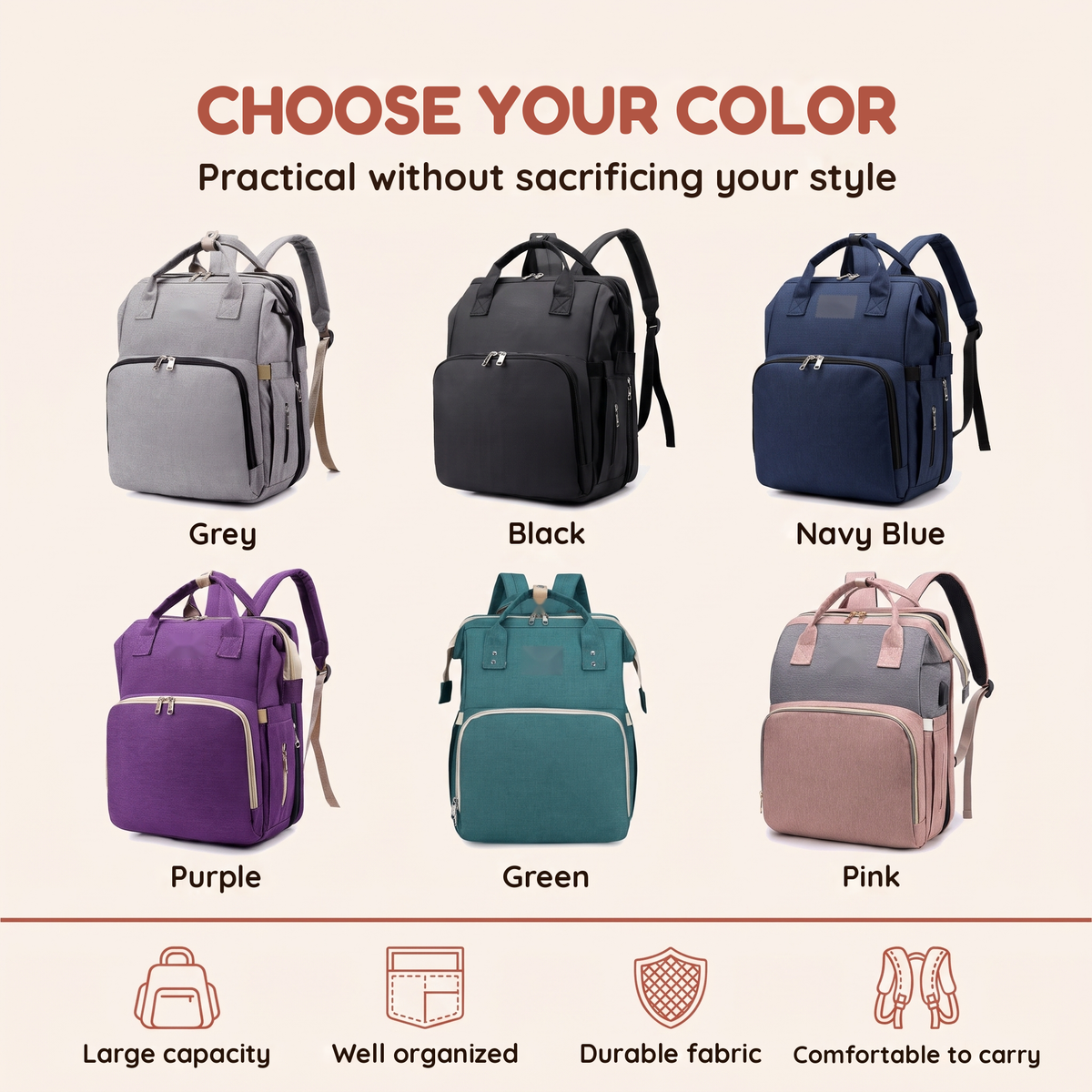 4-in-1 Diaper Bag Backpack with Foldable Bassinet